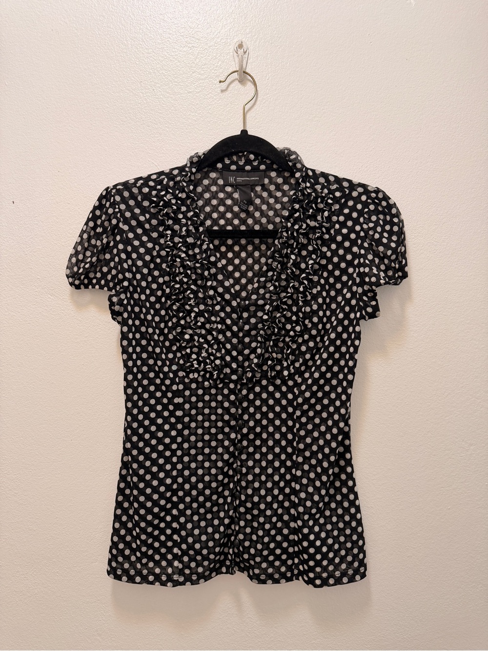 INC Black White Polka Dot Ruffle Blouse Petite Medium